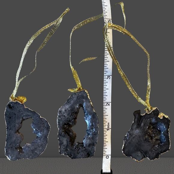 Beautiful Gold Rimmed Genuine Agate Ornamentnts. Set of 3. Handmade. Brand New. - Picture 4 of 4